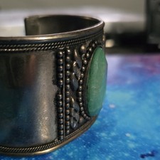 Fred Harvey Vintage Cuff Tribal Ethnic Green Stone Bracelet Bohemian - Additional view 1