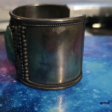 Fred Harvey Vintage Cuff Tribal Ethnic Green Stone Bracelet Bohemian - Additional view 3