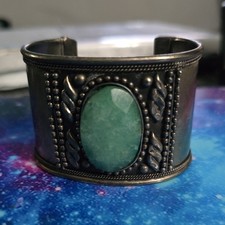 Fred Harvey Vintage Cuff Tribal Ethnic Green Stone Bracelet Bohemian