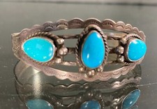 Vintage Fred Harvey Era Navajo 3-Stone Turquoise Sterling Silver Cuff Bracelet - Additional view 17