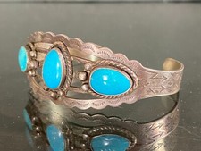 Vintage Fred Harvey Era Navajo 3-Stone Turquoise Sterling Silver Cuff Bracelet - Additional view 5
