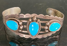 Vintage Fred Harvey Era Navajo 3-Stone Turquoise Sterling Silver Cuff Bracelet