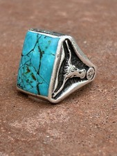 Vtg Fred Harvey Turquoise Ring Longhorn Sterling 9.5 Navajo Bell Trading Post