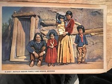 Postcard Fred Harvey AZ Navajo Indian Family & Hogan on Reservation, Arizona*C64