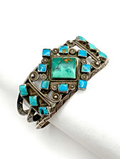 VTG Silver Turquoise Cluster Bracelet Fred Harvey Style Native American c1940s - Additional view 1