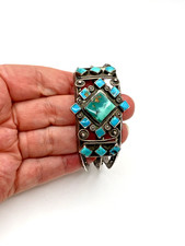 VTG Silver Turquoise Cluster Bracelet Fred Harvey Style Native American c1940s - Additional view 14