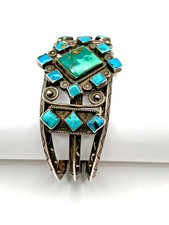 VTG Silver Turquoise Cluster Bracelet Fred Harvey Style Native American c1940s - Additional view 5
