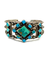 VTG Silver Turquoise Cluster Bracelet Fred Harvey Style Native American c1940s - Additional view 8