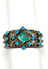 VTG Silver Turquoise Cluster Bracelet Fred Harvey Style Native American c1940s