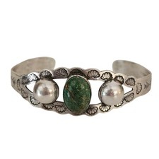 Vintage Fred Harvey Era Native American Navajo Green Turquoise Sterling Bracelet
