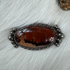 Vintage Navajo Petrified Wood Pin Brooch Sterling Silver Oval Fred Harvey Era - Additional view 1