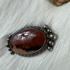 Vintage Navajo Petrified Wood Pin Brooch Sterling Silver Oval Fred Harvey Era - Additional view 2