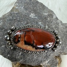 Vintage Navajo Petrified Wood Pin Brooch Sterling Silver Oval Fred Harvey Era - Additional view 7