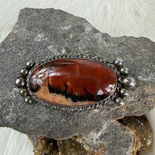 Vintage Navajo Petrified Wood Pin Brooch Sterling Silver Oval Fred Harvey Era