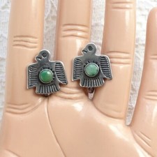Vintage Navajo Green Turquoise & Sterling Thunderbird Earrings Fred Harvey Era - Additional view 4