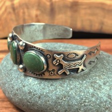 Fred Harvey Era Turquoise Dog Horse Navajo Stamped Sterling Silver Bracelet Cuff - Additional view 1