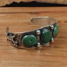 Fred Harvey Era Turquoise Dog Horse Navajo Stamped Sterling Silver Bracelet Cuff - Additional view 5