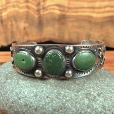 Fred Harvey Era Turquoise Dog Horse Navajo Stamped Sterling Silver Bracelet Cuff