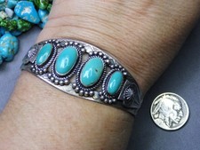 Fred Harvey Era NAVAJO Natural KINGMAN TURQUOISE Coin SILVER 30g Cuff Bracelet - Additional view 1