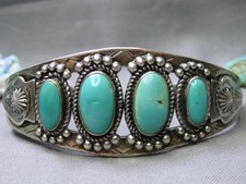Fred Harvey Era NAVAJO Natural KINGMAN TURQUOISE Coin SILVER 30g Cuff Bracelet - Additional view 2