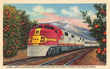 California Postcard Santa Fe Streamliner Orange Groves Fred Harvey c 1941 A4