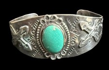 Vtg Fred Harvey Sterling Silver Green Turquoise Cuff Bracelet CACTUS SNAKE HTF!!