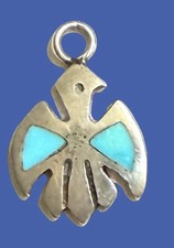 Old Pawn Fred Harvey Era Sterling Silver Turquoise Inlay Thunderbird Charm NICE!