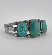 Vtg Fred Harvey Navajo Sterling Silver Cerrillos Turquoise Stamped Cuff Bracelet - Additional view 1