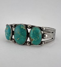 Vtg Fred Harvey Navajo Sterling Silver Cerrillos Turquoise Stamped Cuff Bracelet - Additional view 2