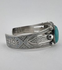 Vtg Fred Harvey Navajo Sterling Silver Cerrillos Turquoise Stamped Cuff Bracelet - Additional view 3