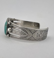 Vtg Fred Harvey Navajo Sterling Silver Cerrillos Turquoise Stamped Cuff Bracelet - Additional view 7