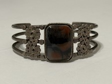 Vtg Native American Sterling Silver Petrified Wood Cuff Bracelet Fred Harvey Era