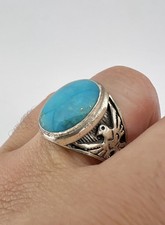 Vintage Fred Harvey Style Sterling Silver Turquoise Thunderbird Men's Ring 13.3g - Additional view 8