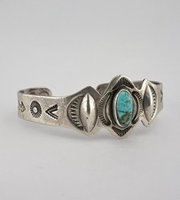 Old Fred Harvey Navajo Coin Silver Cerrillos Turquoise Stamped Cuff Bracelet - Additional view 1