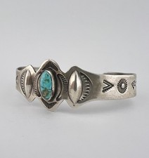 Old Fred Harvey Navajo Coin Silver Cerrillos Turquoise Stamped Cuff Bracelet - Additional view 2
