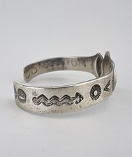 Old Fred Harvey Navajo Coin Silver Cerrillos Turquoise Stamped Cuff Bracelet - Additional view 3