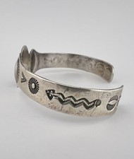 Old Fred Harvey Navajo Coin Silver Cerrillos Turquoise Stamped Cuff Bracelet - Additional view 6
