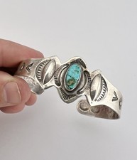 Old Fred Harvey Navajo Coin Silver Cerrillos Turquoise Stamped Cuff Bracelet - Additional view 7