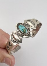 Old Fred Harvey Navajo Coin Silver Cerrillos Turquoise Stamped Cuff Bracelet - Additional view 8