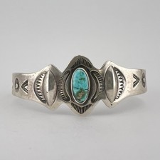 Old Fred Harvey Navajo Coin Silver Cerrillos Turquoise Stamped Cuff Bracelet