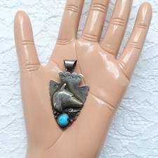 Fred Harvey Era Navajo Sterling Arrowhead Pendant Turquoise Wolf Head Signed W - Additional view 6