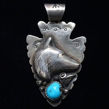 Fred Harvey Era Navajo Sterling Arrowhead Pendant Turquoise Wolf Head Signed W