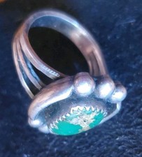 Very Old 1900s Fred Harvey Cerrillos Green Turquoise Coin Silver Ring Sz  - Additional view 1
