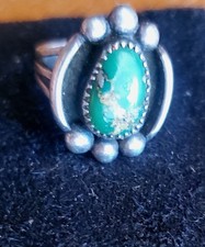 Very Old 1900s Fred Harvey Cerrillos Green Turquoise Coin Silver Ring Sz