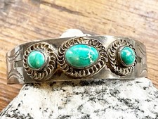 Old Pawn Fred Harvey Era Sterling With Green Turquoise Cuff Bracelet Stamp Work - Additional view 1