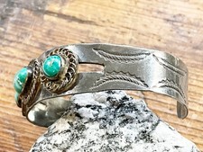 Old Pawn Fred Harvey Era Sterling With Green Turquoise Cuff Bracelet Stamp Work - Additional view 3