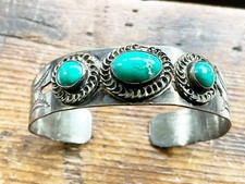 Old Pawn Fred Harvey Era Sterling With Green Turquoise Cuff Bracelet Stamp Work - Additional view 8