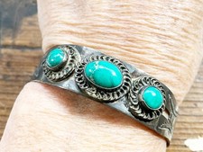 Old Pawn Fred Harvey Era Sterling With Green Turquoise Cuff Bracelet Stamp Work