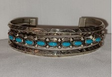 FRED HARVEY Cuff Bracelet Nickle Silver CARINATED Petite SNAKE EYES TURQUOISE - Additional view 7