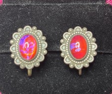 VINTAGE FRED HARVEY ERA STERLING SILVER DRAGONS BREATH GLASS CLAMP EARRINGS - Additional view 1